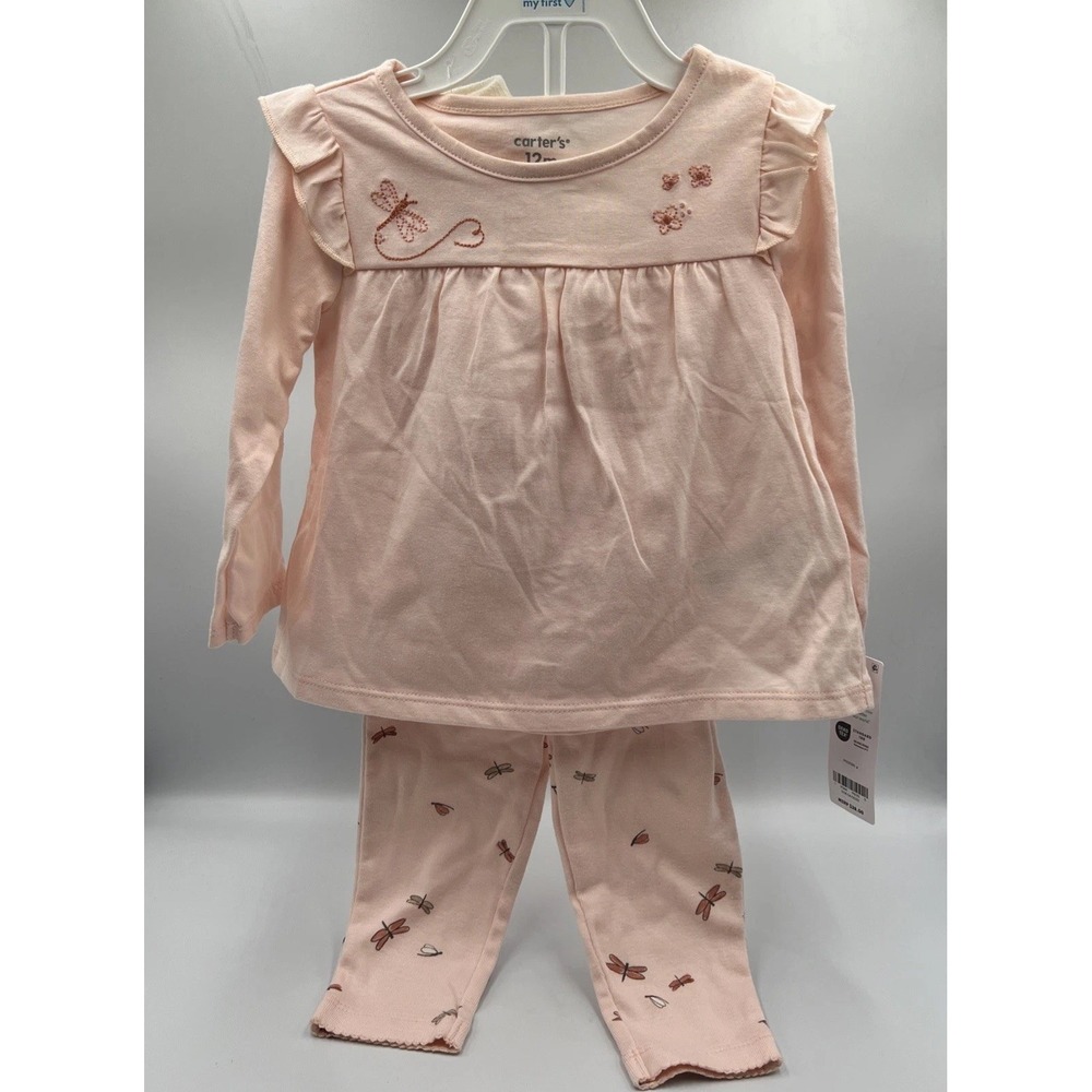 Carter's Baby Girl 4 Piece Pink Outfit Long Sleeve Top Pants Socks Hair Band 12M
